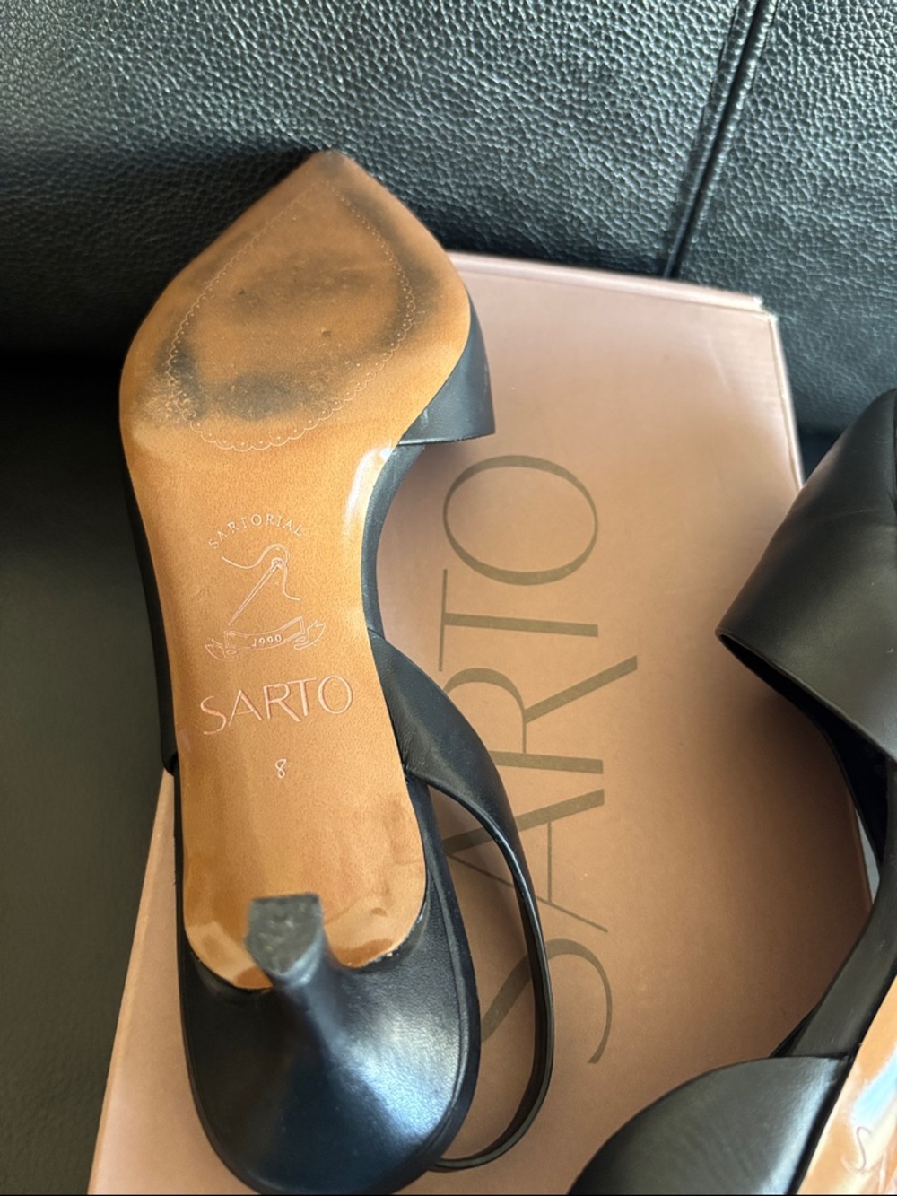 SARTO By Franco Sarto Black Pointed Slingback Heels with Gold Buckle - Picture 3 of 4